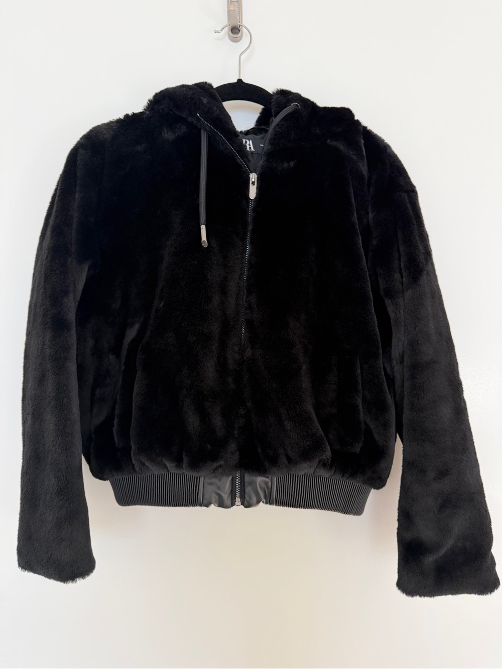 Zara Black Faux Fur Hooded Jacket with Faux Leather Detailing